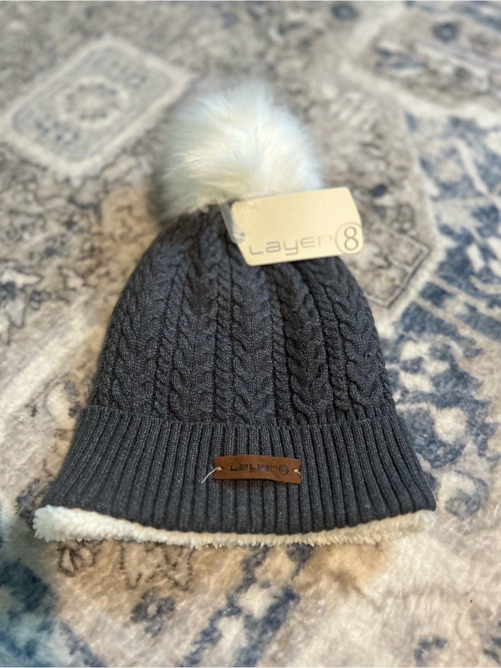 Layer 8 Grey Cable Knit Pom Beanie with Faux Fur